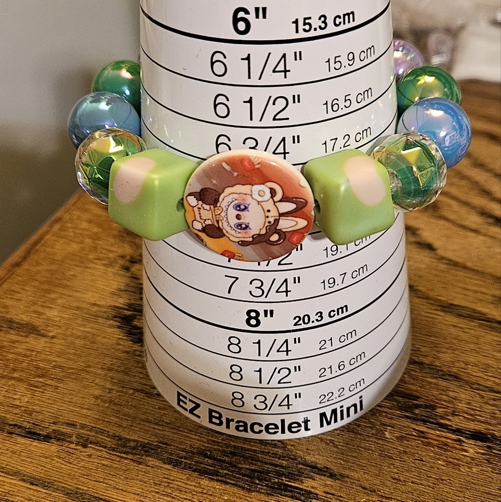Handmade Cute Green Beaded Bracelet with Cartoon Charm Labubu